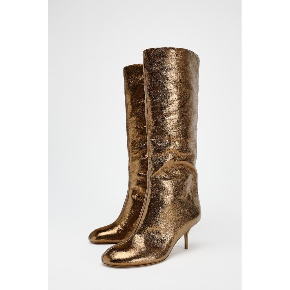 ZARA Metallic Kitten Heel Knee High Boots Bronze Gold EUR 37 US 6.5 NEW